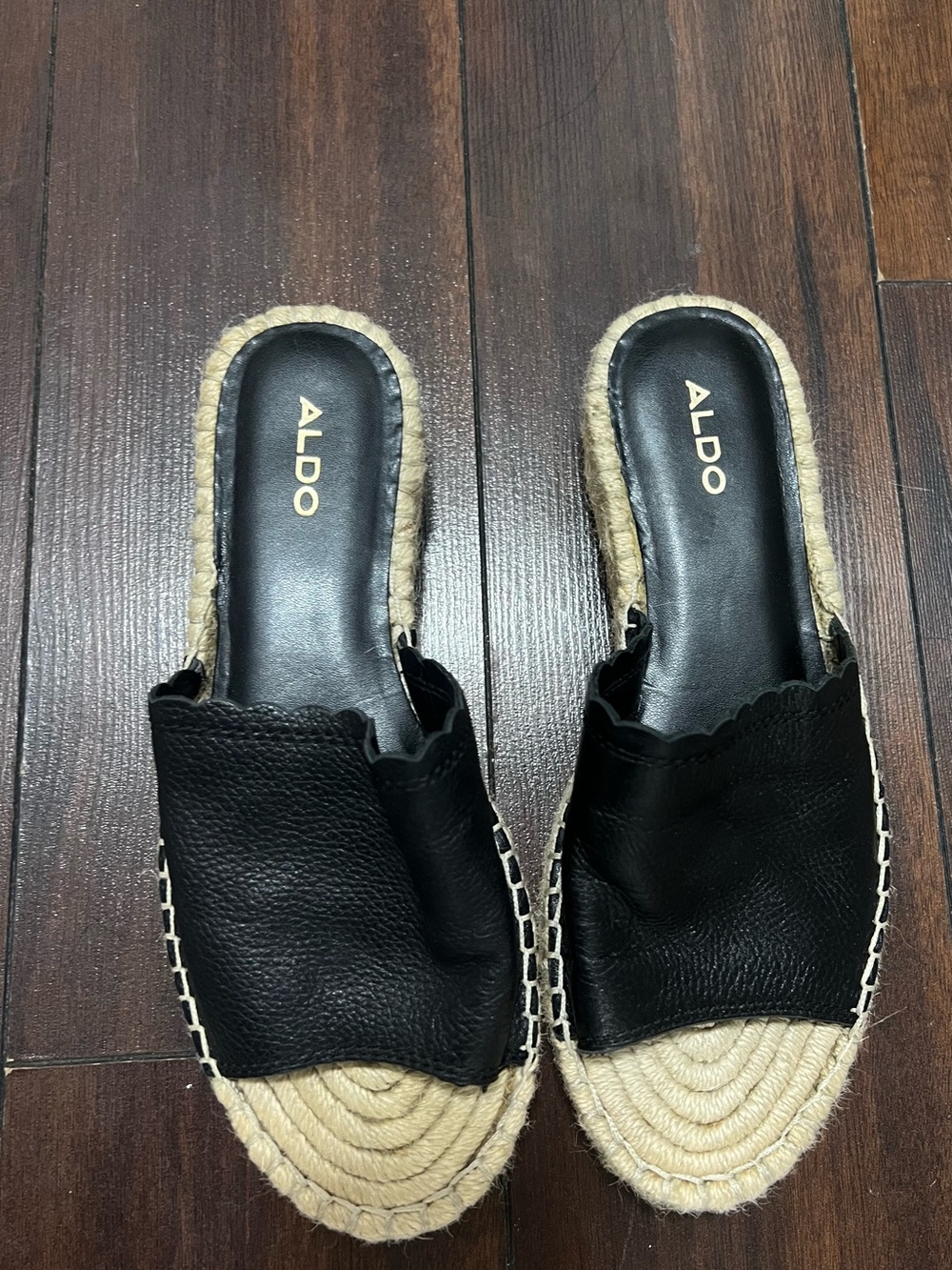 ALDO Black Leather Espadrille Slide Mules